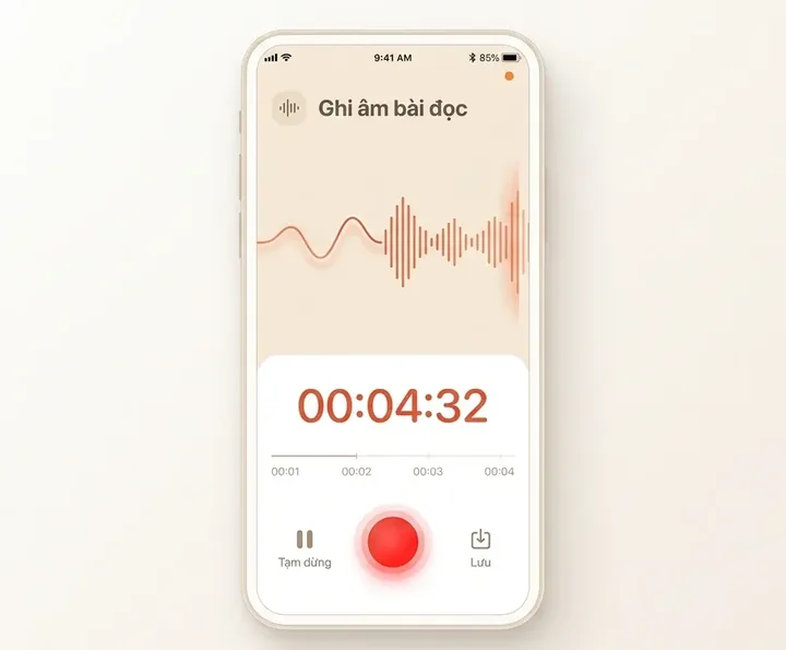 Giao diện thu âm bài đọc 5 phút trên điện thoại